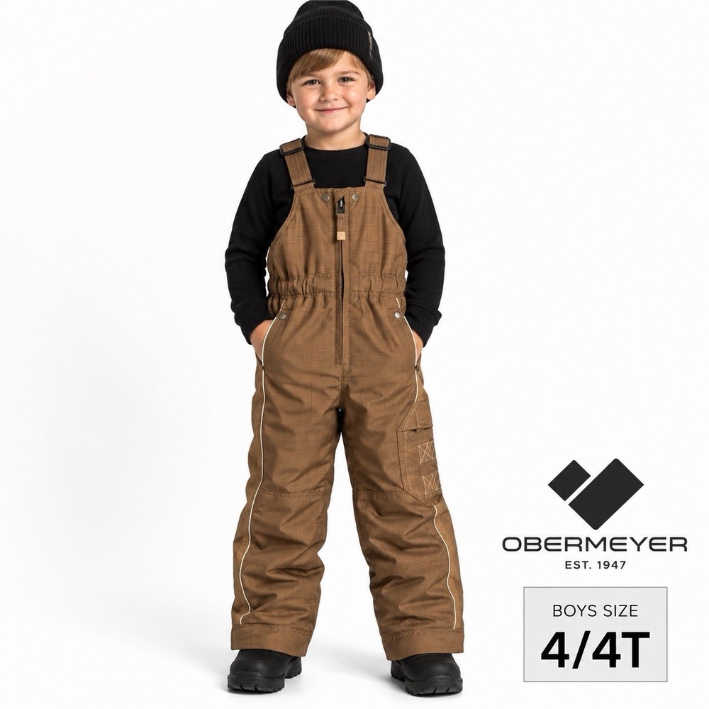 Obermeyer Worker Bib Pant Boys 4 Brown Plaid Insulated Snow Ski Bib I-Grow